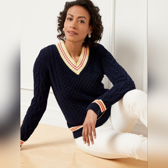 Talbots Sweaters - Talbots V Neck Cotton Linen Blend Cable Knit Tennis Prep L